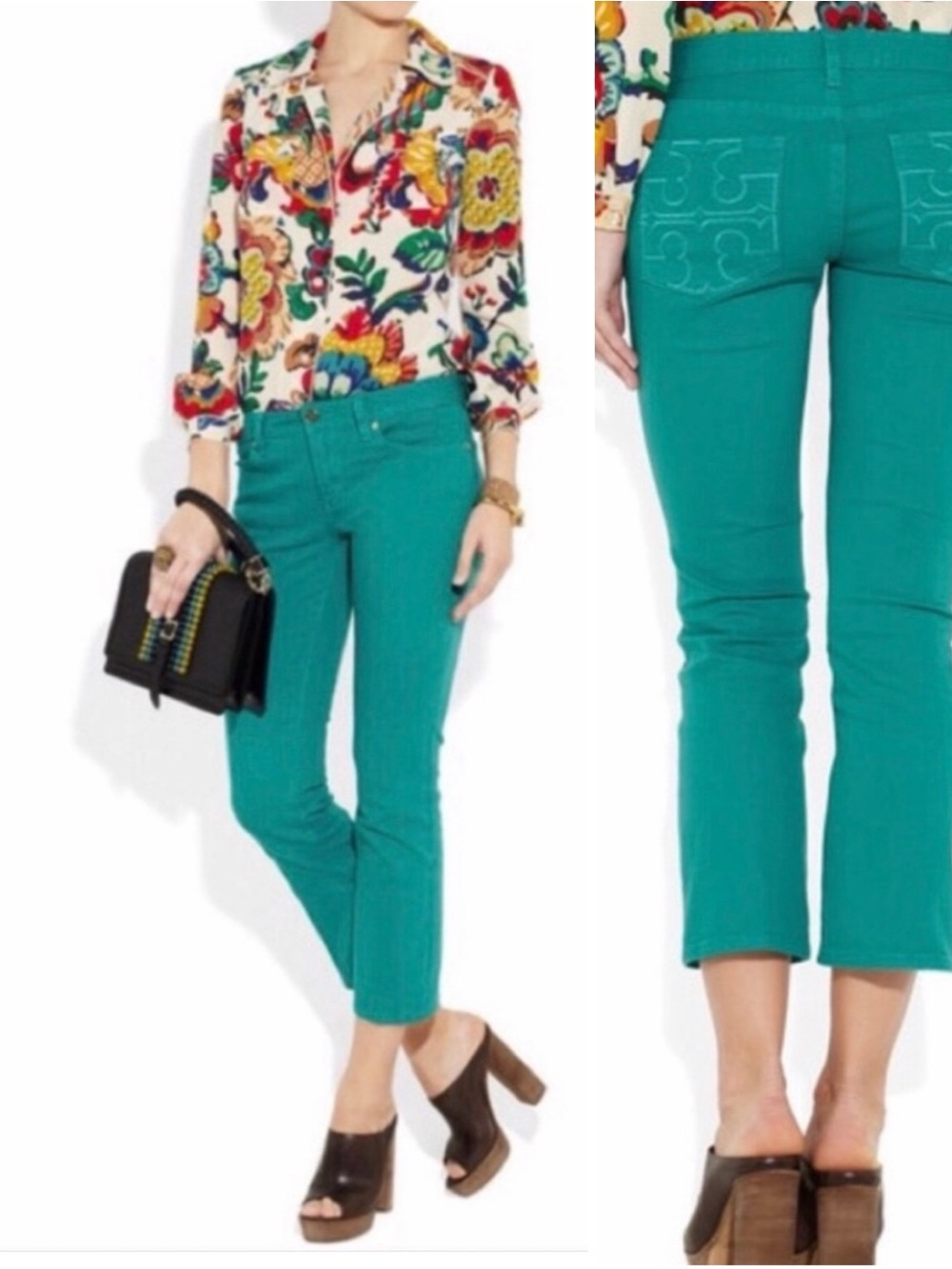 Tory Burch Teal Green Cropped Slip Boot Jeans Women's Size 30